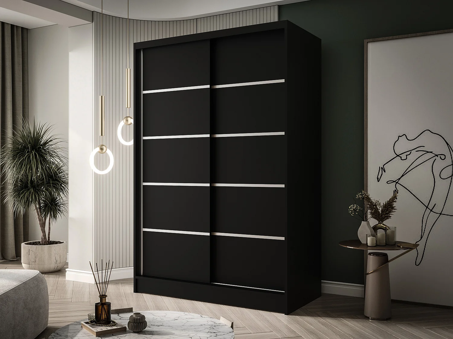 Zweitüriger Schiebeschrank LAUSANNE L4, Regalböden und Kleiderstange (Schwarz)