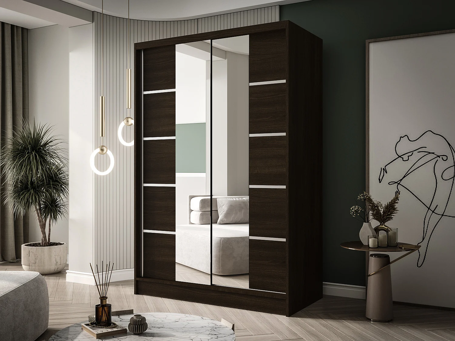 Zweitüriger Schiebeschrank mit Spiegel LAUSANNE L5, Regalböden und Kleiderstange (Choco)