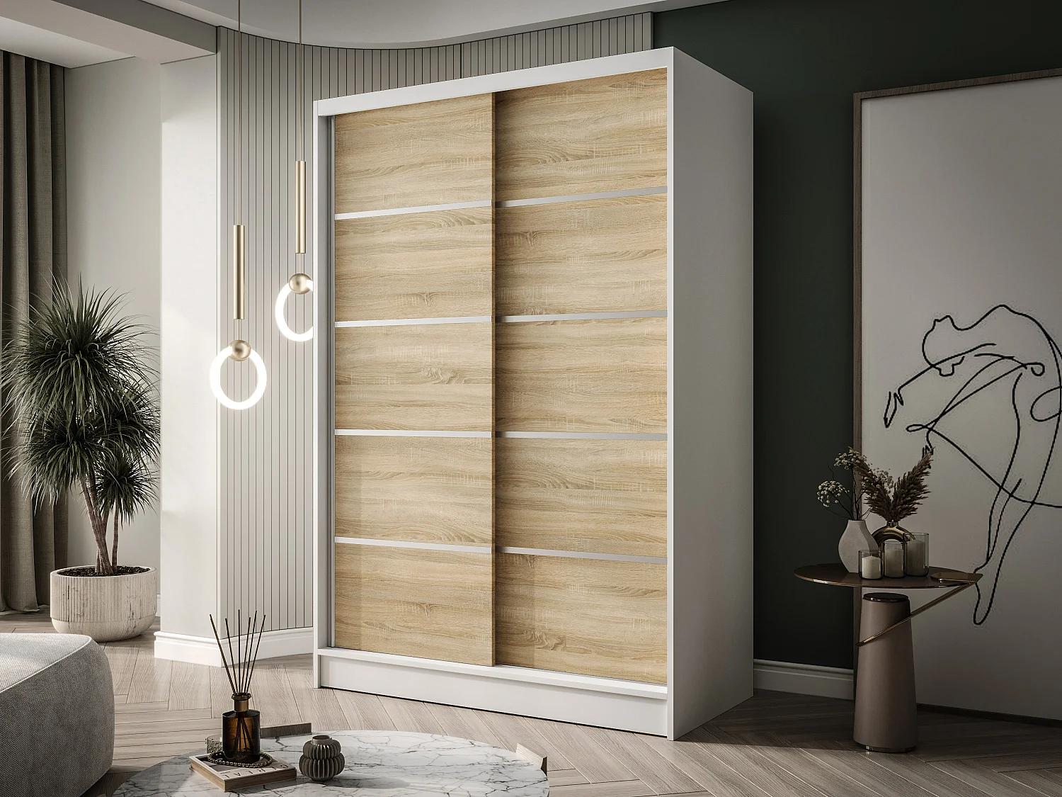 Zweitüriger Schiebeschrank LAUSANNE L4, Regalböden und Kleiderstange (Weiß/Sonoma)