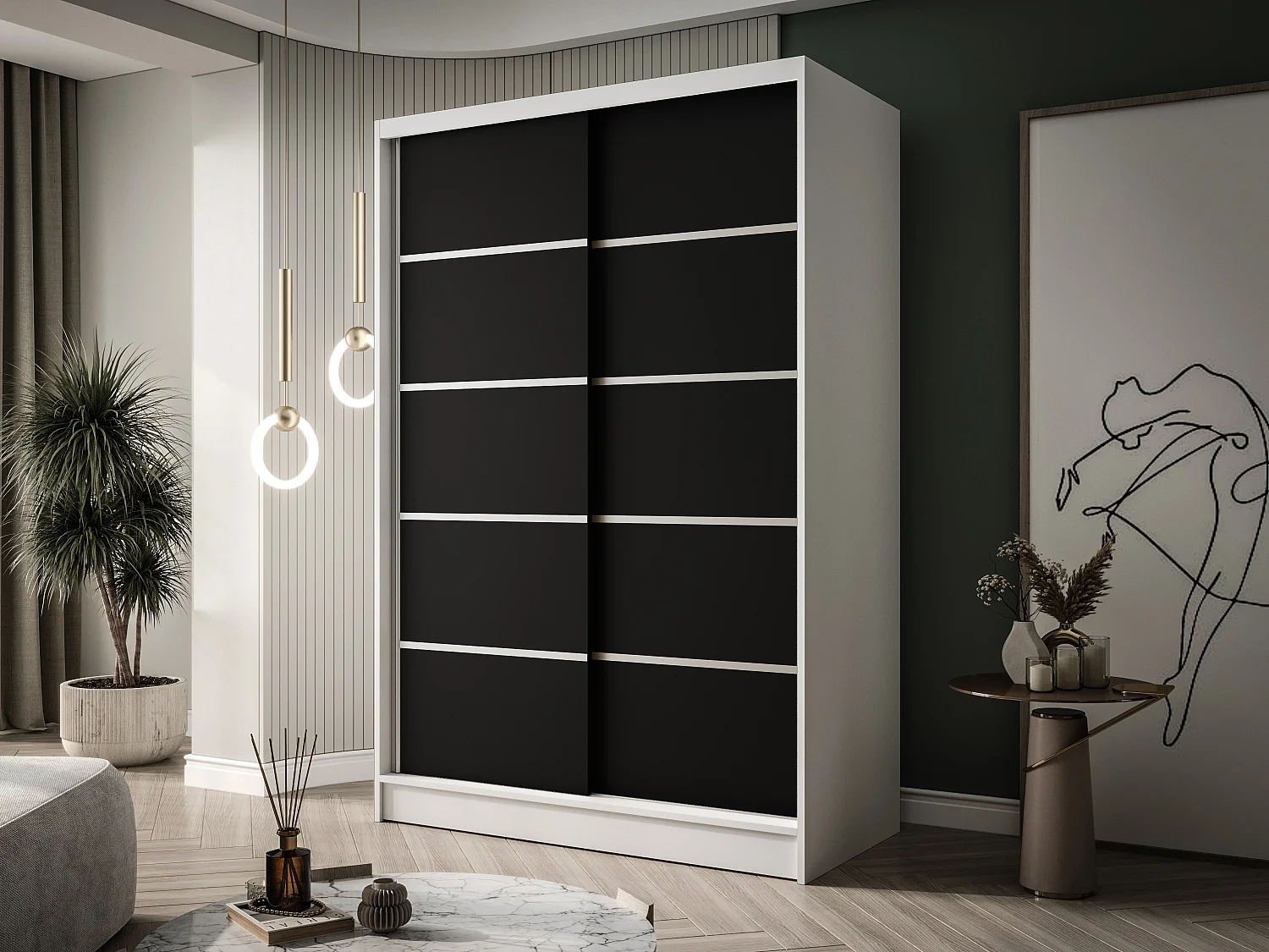 Zweitüriger SchiebeschrankLAUSANNE L4, Regalböden und Kleiderstange (Weiß/Schwarz)