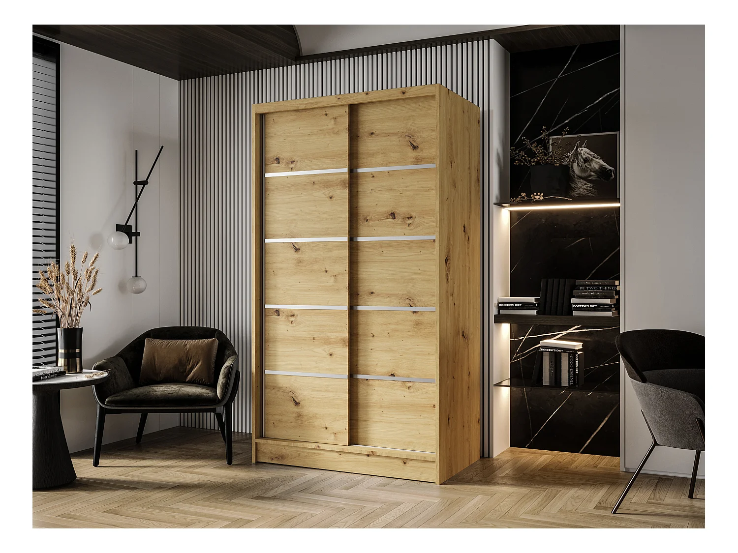 Zweitüriger Schiebeschrank DETROIT D4, Regalböden und Kleiderstange (Artisan)