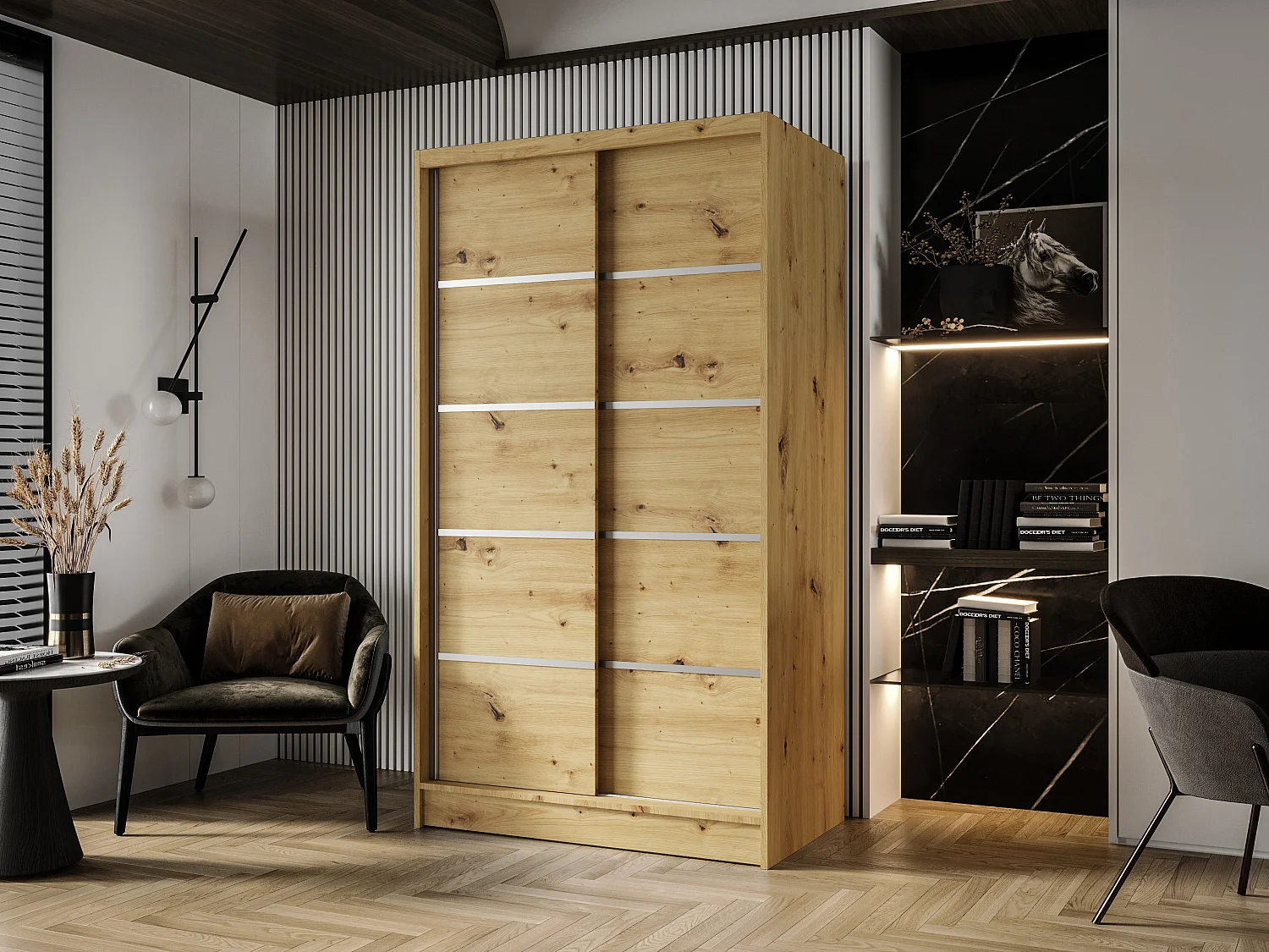 Zweitüriger Schiebeschrank DETROIT D4, Regalböden und Kleiderstange (Artisan)