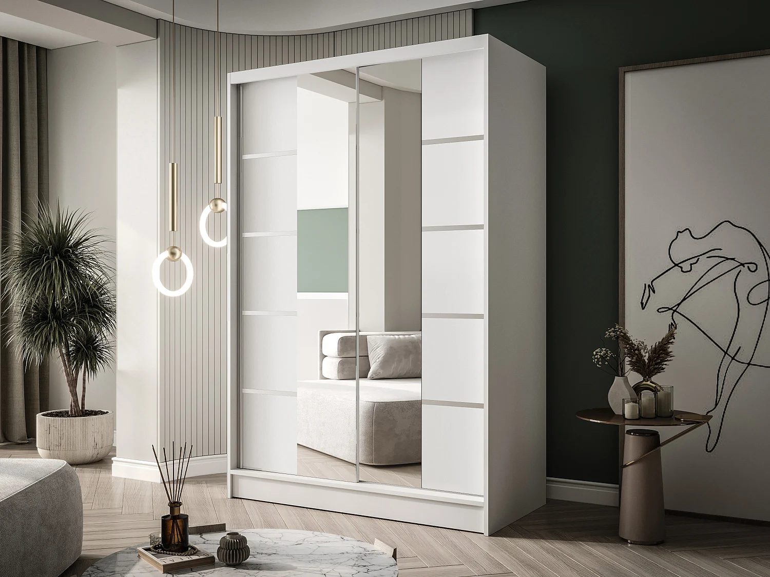 Zweitüriger Schiebeschrank mit Spiegel LAUSANNE L5, Regalböden und Kleiderstange (Weiß)