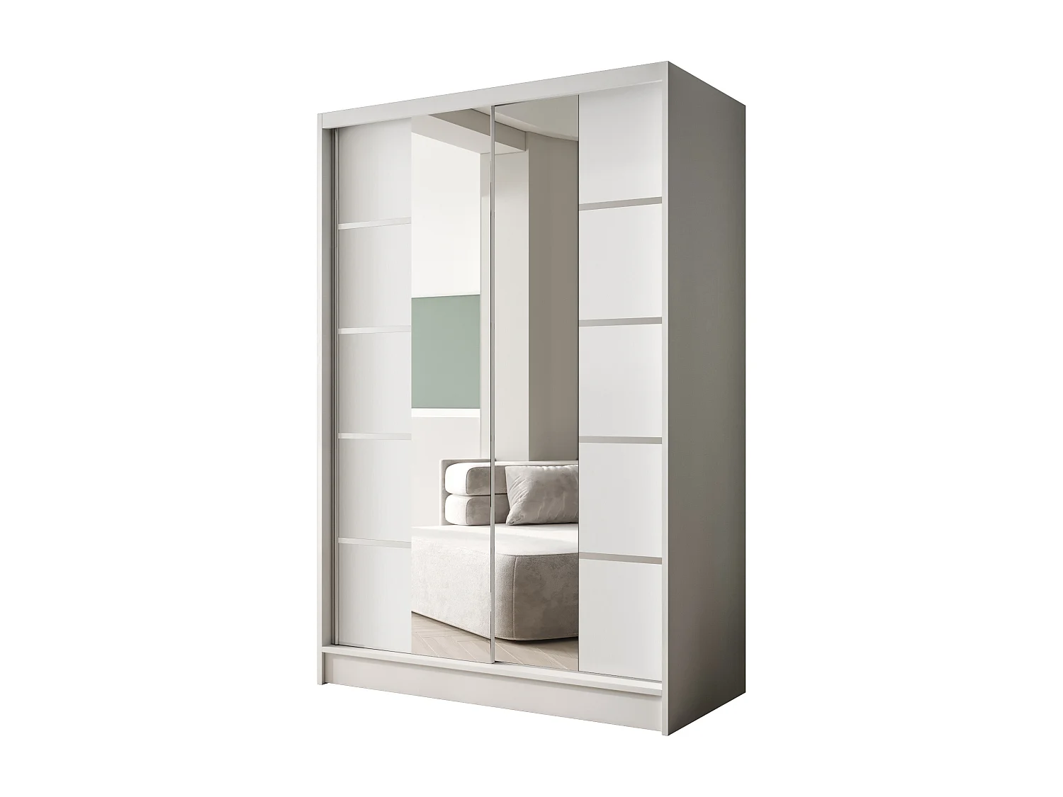 Zweitüriger Schiebeschrank mit Spiegel LAUSANNE L5, Regalböden und Kleiderstange (Weiß)