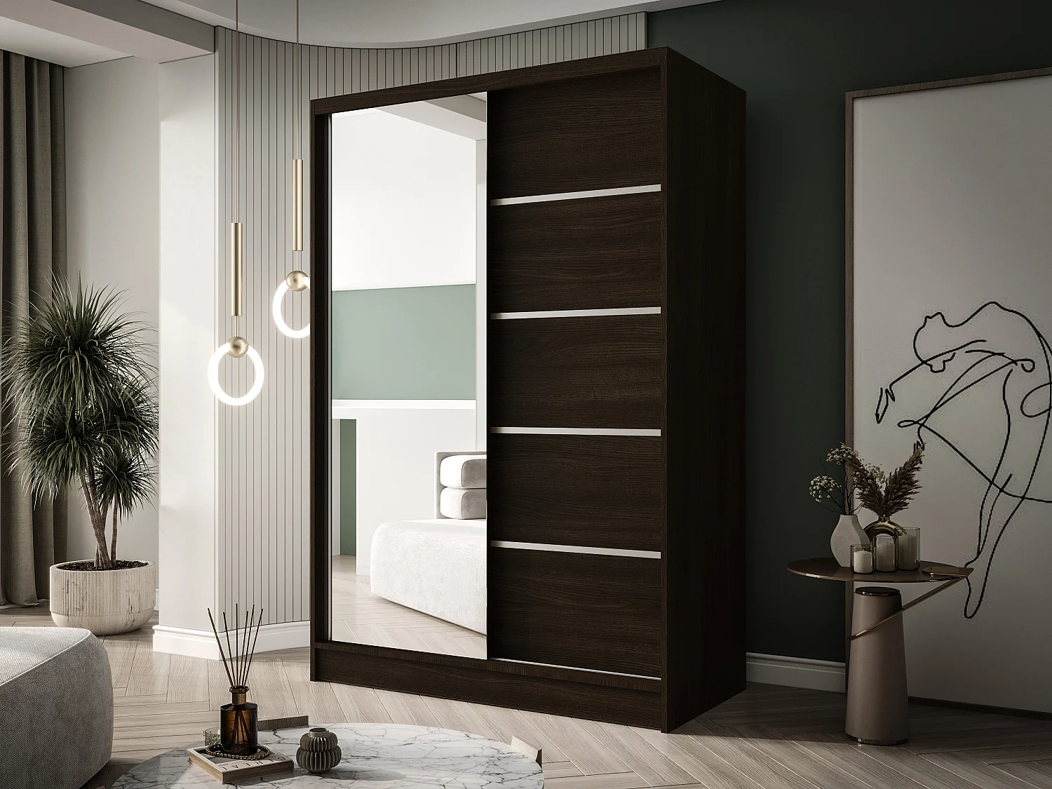 Zweitüriger Schiebeschrank mit Spiegel LAUSANNE L3, Regalböden und Kleiderstange (Choco)