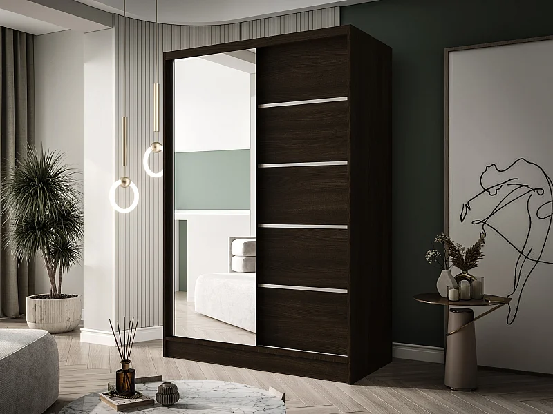 Zweitüriger Schiebeschrank mit Spiegel LAUSANNE L3, Regalböden und Kleiderstange (Choco)