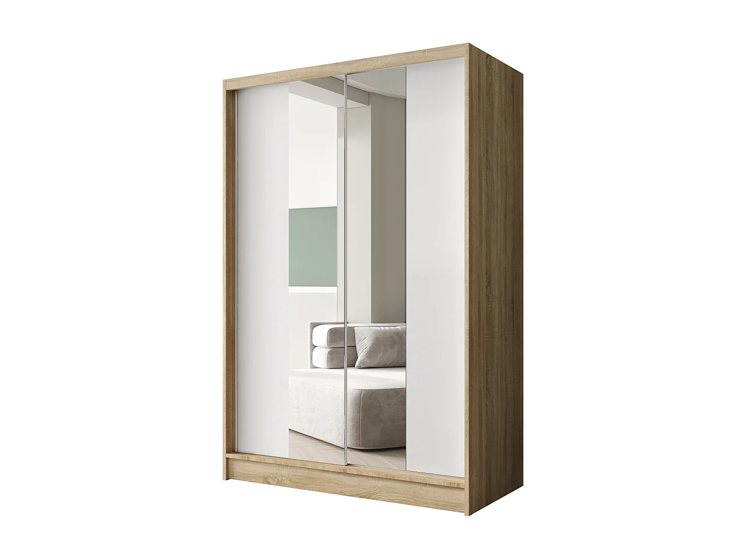 Zweitüriger Schiebeschrank mit Spiegel LAUSANNE L2, Regalböden und Kleiderstange (Sonoma/Weiß)
