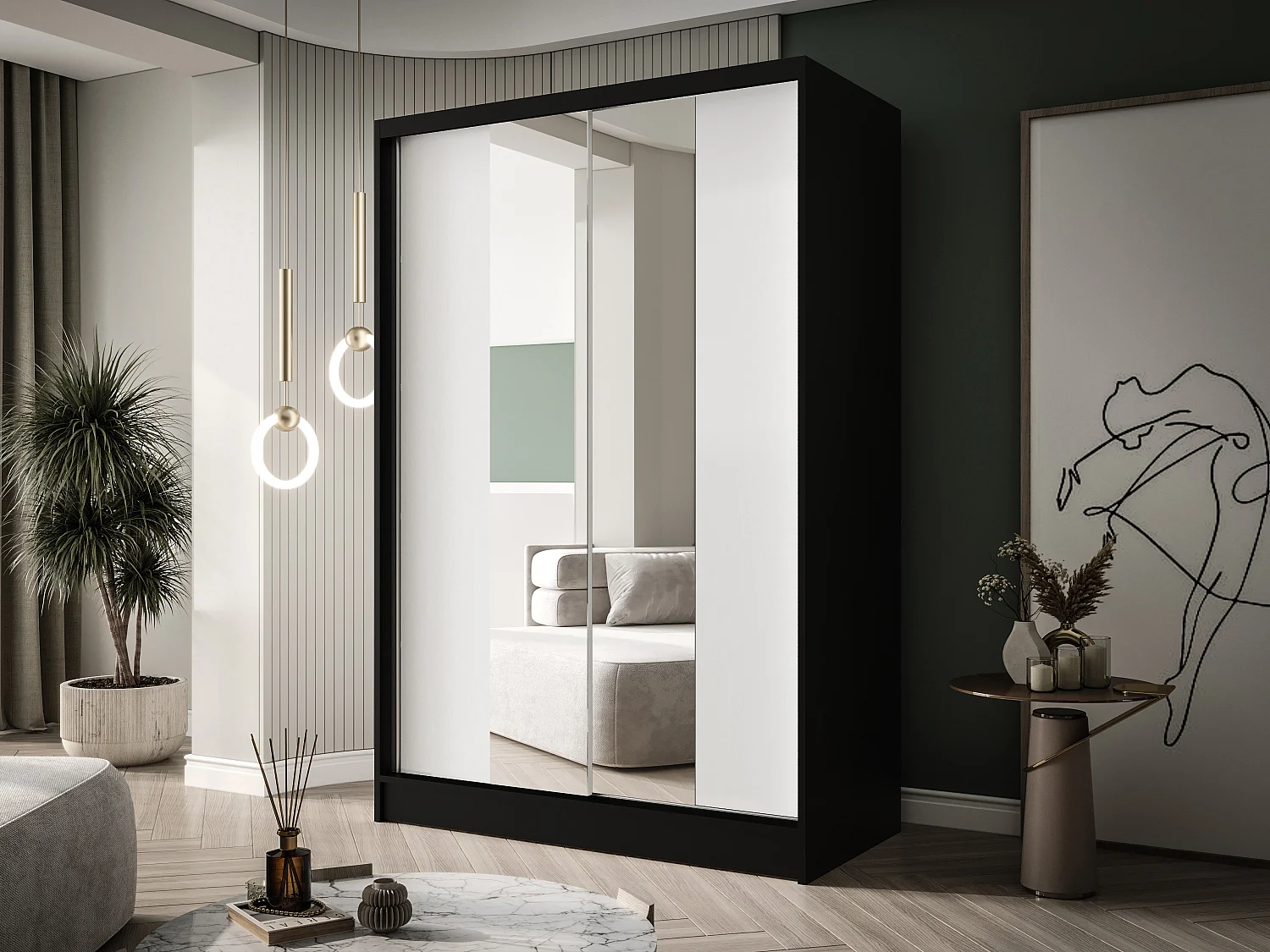 Zweitüriger Schiebeschrank mit Spiegel LAUSANNE L2, Regalböden und Kleiderstange (Schwarz/Weiß)