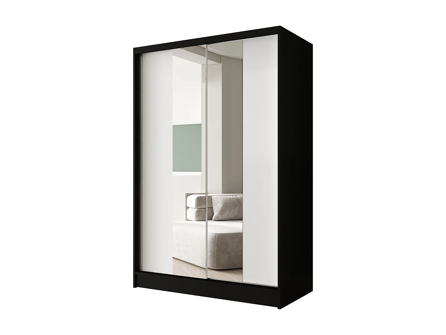 Zweitüriger Schiebeschrank mit Spiegel LAUSANNE L2, Regalböden und Kleiderstange (Schwarz/Weiß)