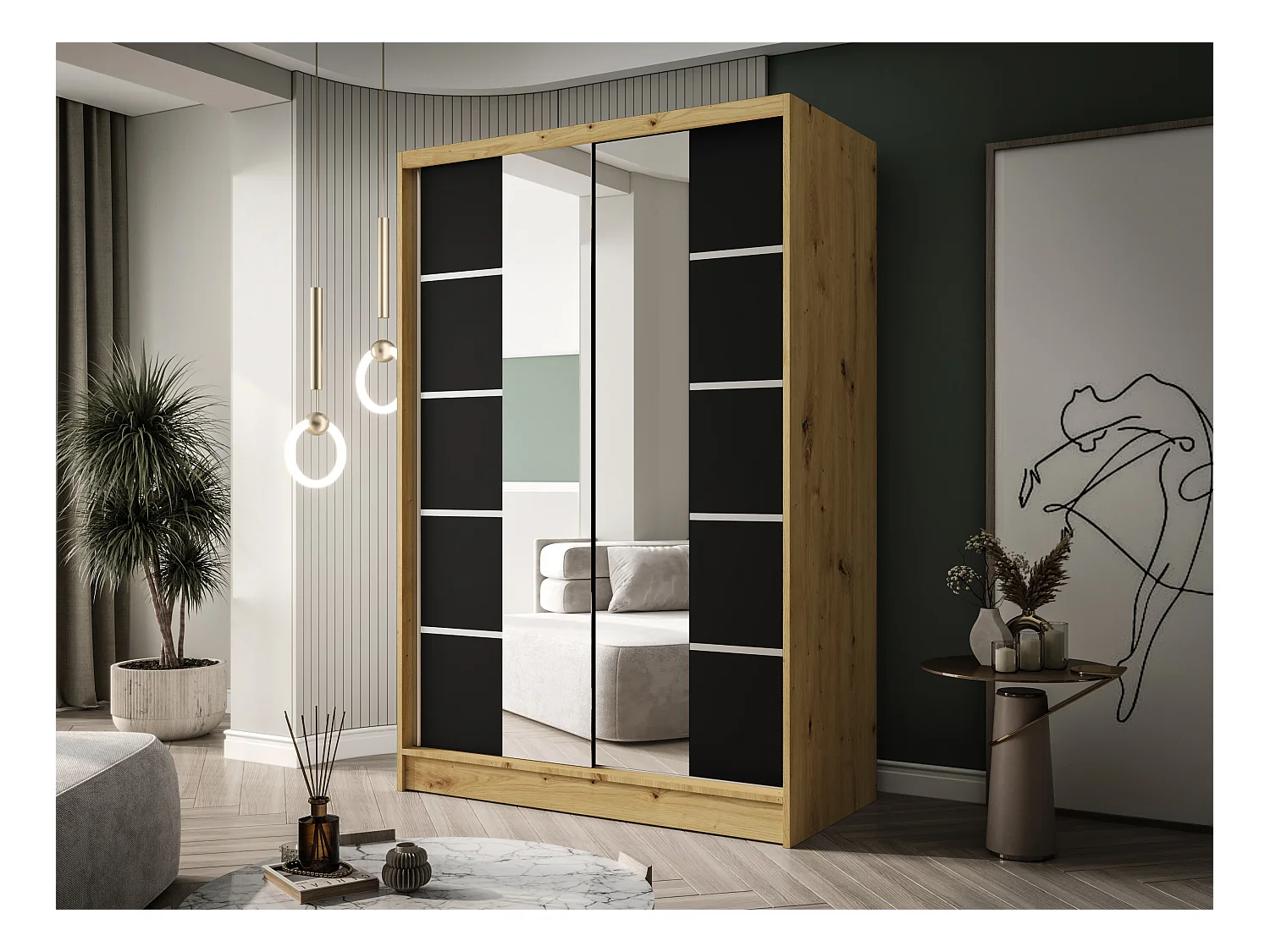 Zweitüriger Schiebeschrank mit Spiegel LAUSANNE L5, Regalböden und Kleiderstange (Artisan/Schwarz)