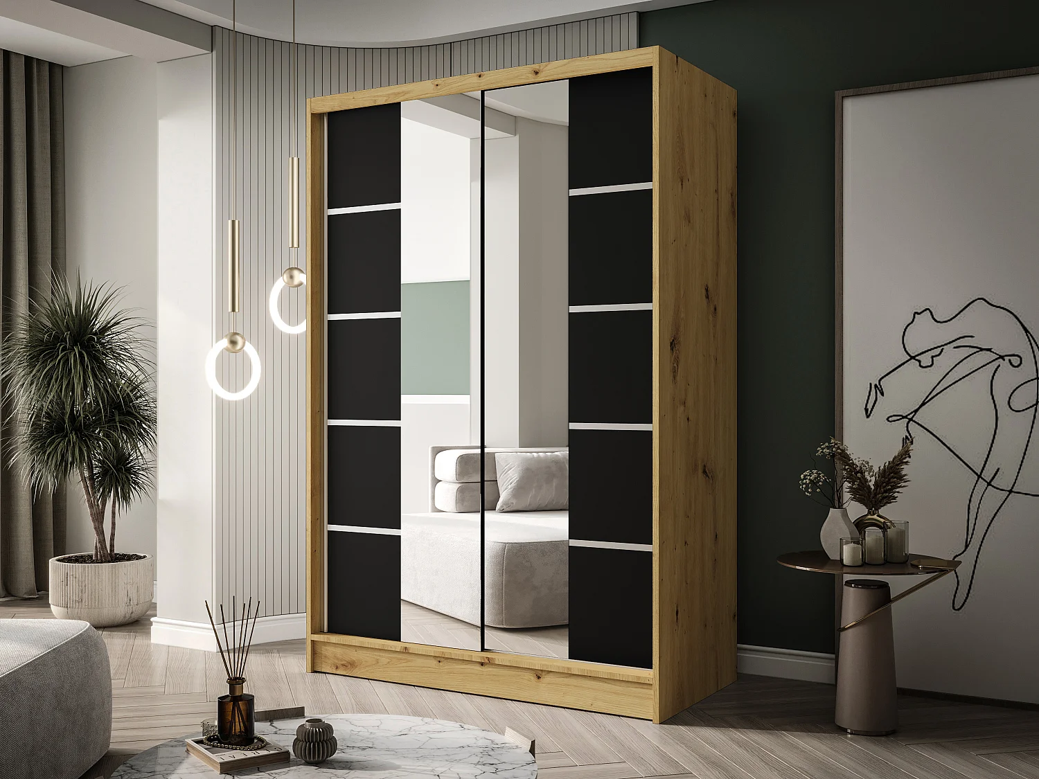 Zweitüriger Schiebeschrank mit Spiegel LAUSANNE L5, Regalböden und Kleiderstange (Artisan/Schwarz)