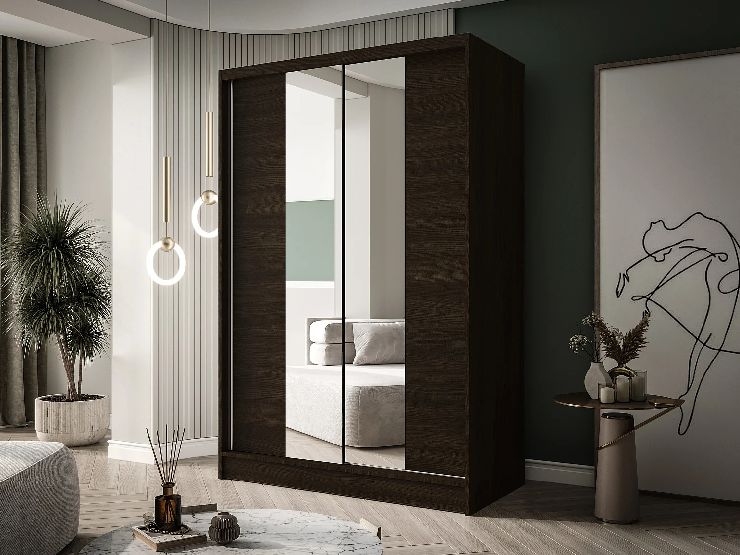 Zweitüriger Schiebeschrank mit Spiegel LAUSANNE L2, Regalböden und Kleiderstange (Choco)