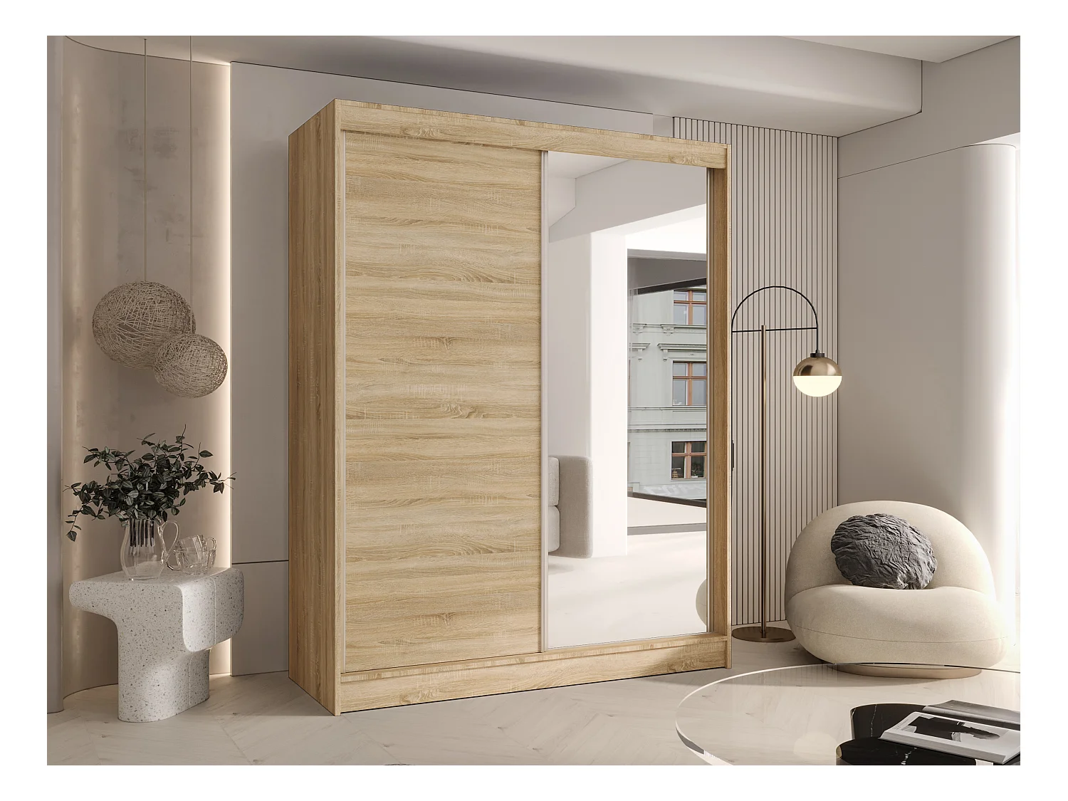 CHARLOTTE C1 Zweitüriger Schiebeschrank mit Spiegel, TOP PRODUKT 150cm Garderobe mit Kleiderstange/Regalböden, Verschieden Farben, Möbel vom Hersteller (Sonoma)