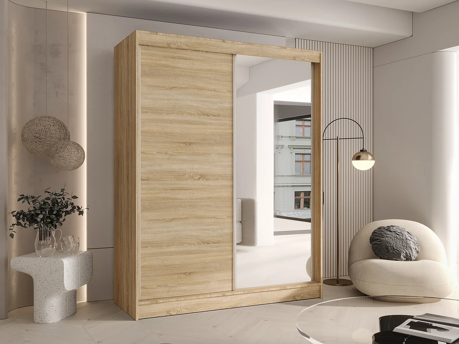 CHARLOTTE C1 Zweitüriger Schiebeschrank mit Spiegel, TOP PRODUKT 150cm Garderobe mit Kleiderstange/Regalböden, Verschieden Farben, Möbel vom Hersteller (Sonoma)
