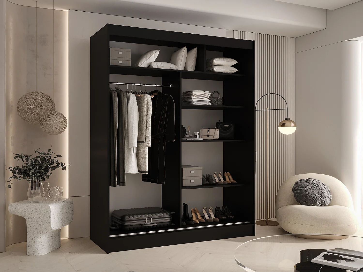 CHARLOTTE C1 Zweitüriger Schiebeschrank mit Spiegel, TOP PRODUKT 150cm Garderobe mit Kleiderstange/Regalböden, Verschieden Farben, Möbel vom Hersteller (Sonoma)