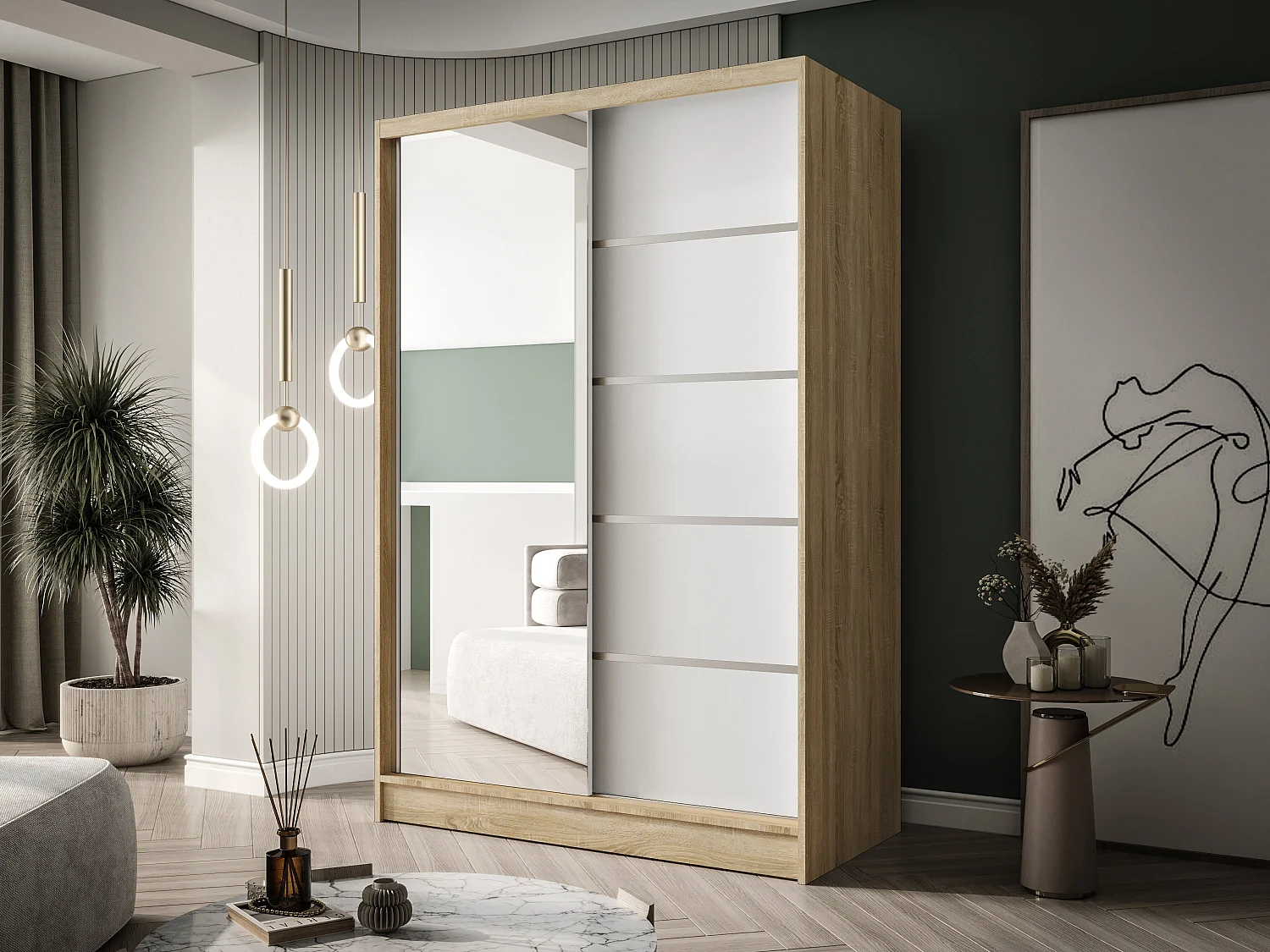 Zweitüriger Schiebeschrank mit Spiegel LAUSANNE L3, Regalböden und Kleiderstange (Sonoma/Weiß)