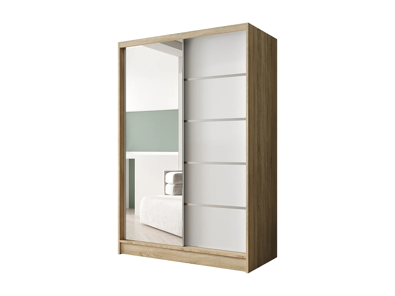 Zweitüriger Schiebeschrank mit Spiegel LAUSANNE L3, Regalböden und Kleiderstange (Sonoma/Weiß)