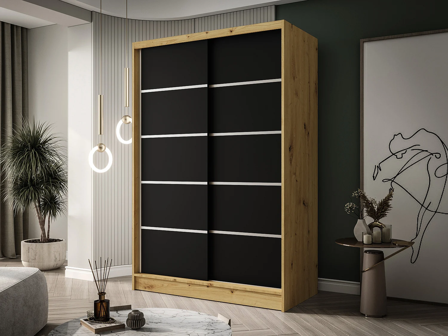 Zweitüriger Schiebeschrank LAUSANNE L4, Regalböden und Kleiderstange (Artisan/Schwarz)