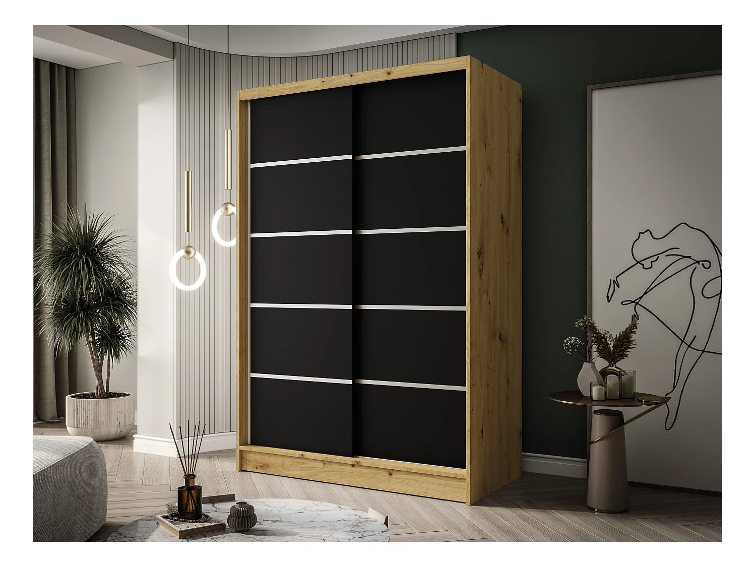 Zweitüriger Schiebeschrank LAUSANNE L4, Regalböden und Kleiderstange (Artisan/Schwarz)