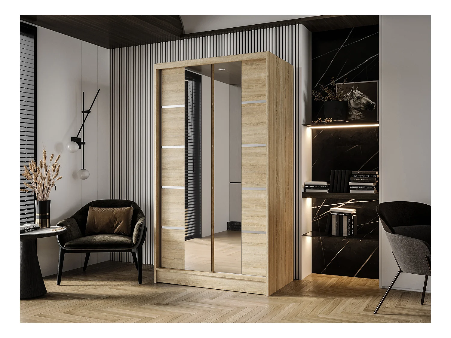 Zweitüriger Schiebeschrank mit Spiegel DETROIT D5, Regalböden und Kleiderstange (Sonoma)