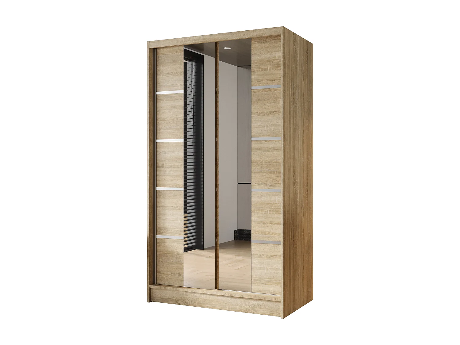 Zweitüriger Schiebeschrank mit Spiegel DETROIT D5, Regalböden und Kleiderstange (Sonoma)