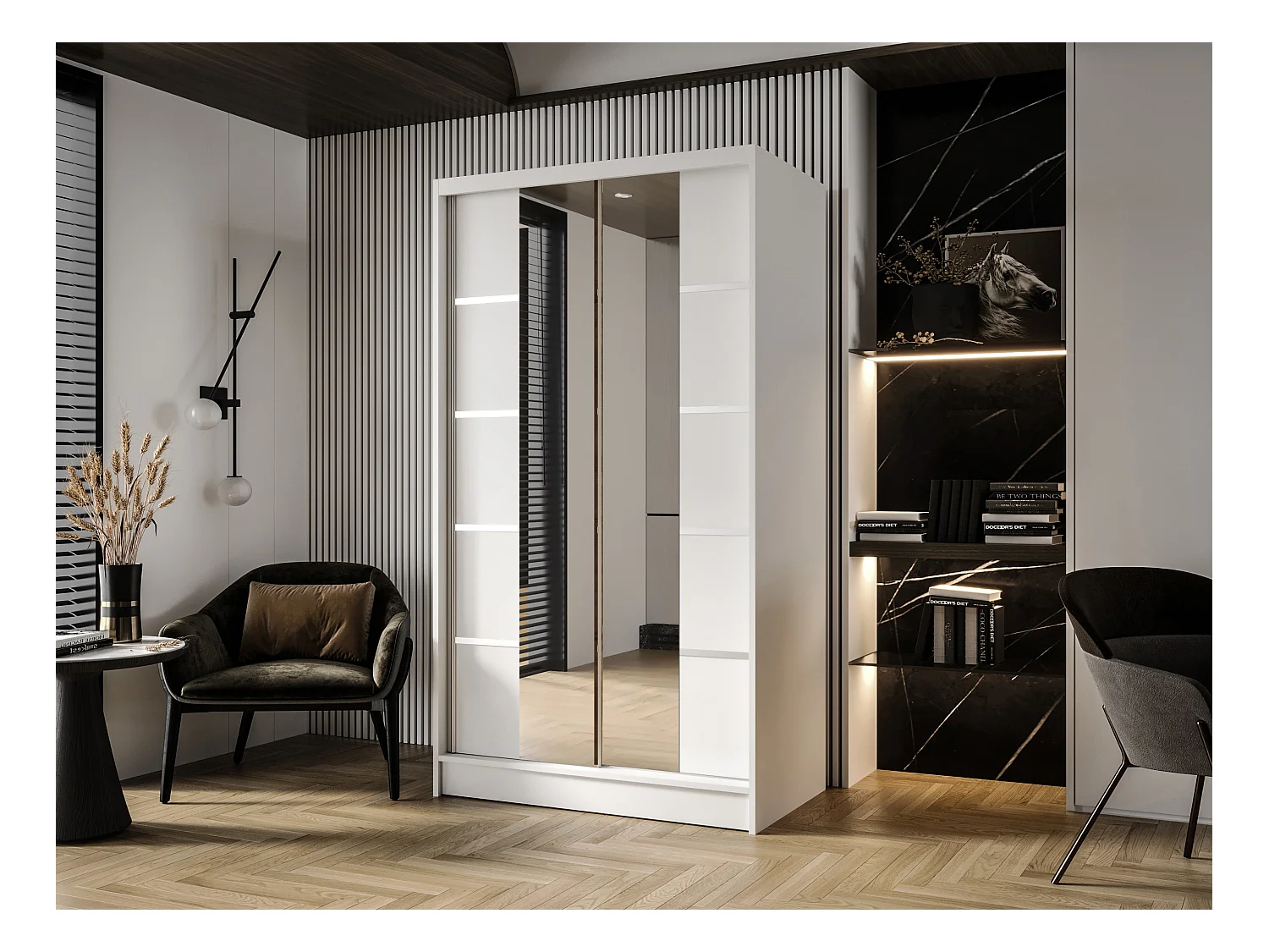 Zweitüriger Schiebeschrank mit Spiegel DETROIT D5, Regalböden und Kleiderstange (Weiß)
