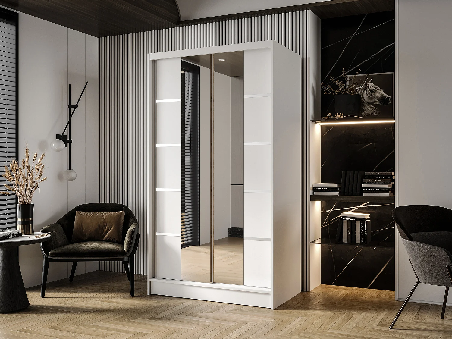 Zweitüriger Schiebeschrank mit Spiegel DETROIT D5, Regalböden und Kleiderstange (Weiß)