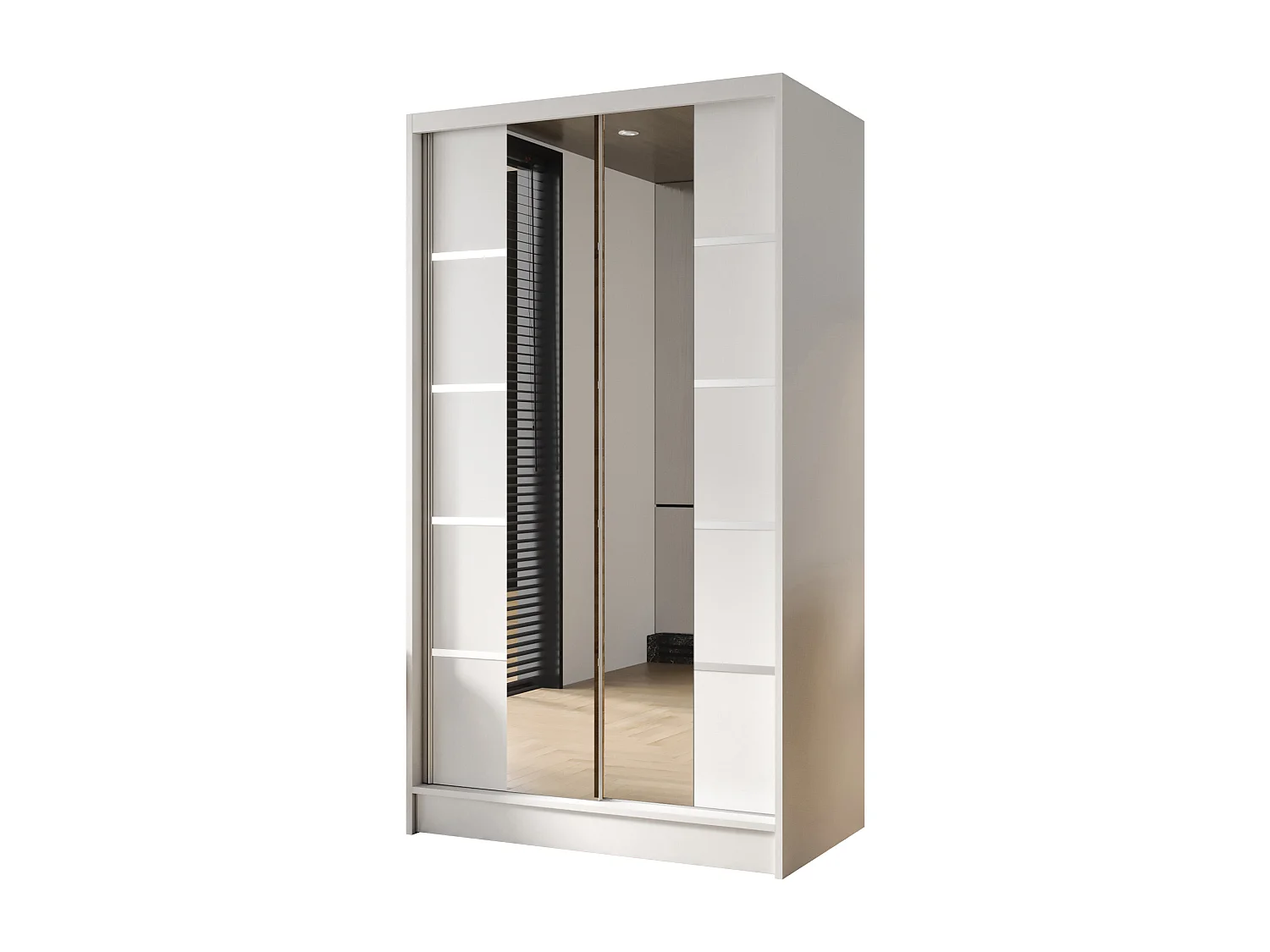 Zweitüriger Schiebeschrank mit Spiegel DETROIT D5, Regalböden und Kleiderstange (Weiß)