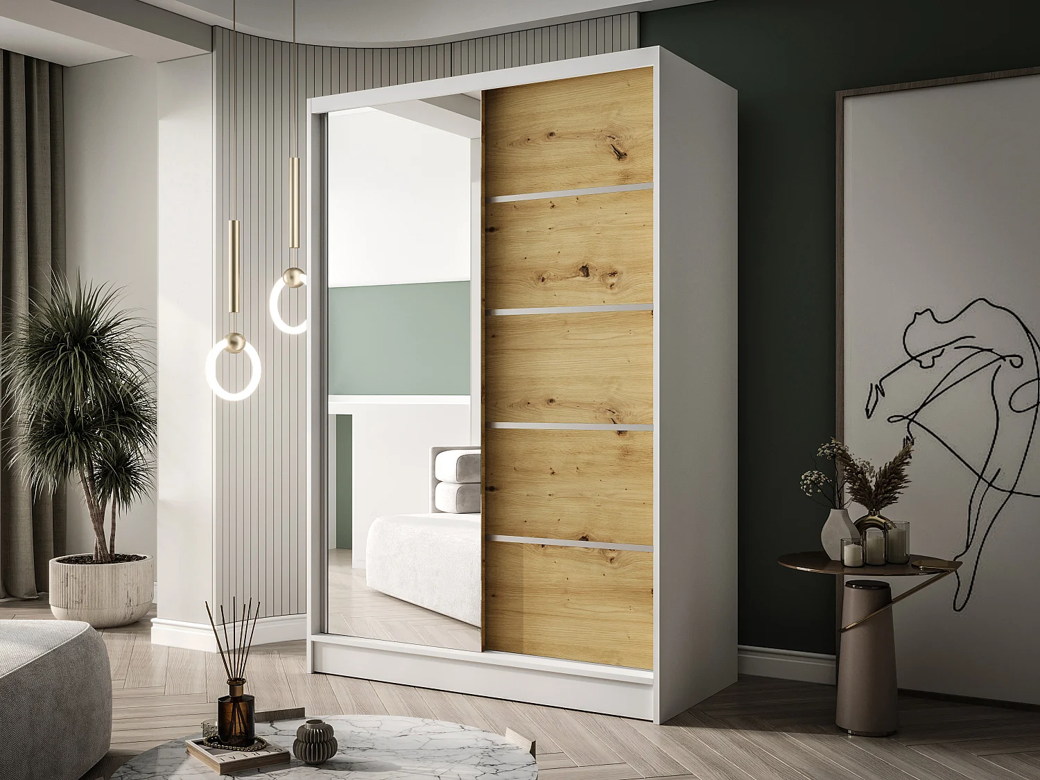 Zweitüriger Schiebeschrank mit Spiegel LAUSANNE L3, Regalböden und Kleiderstange (Weiß/Artisan)