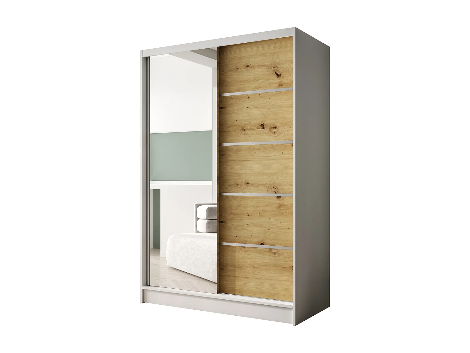 Zweitüriger Schiebeschrank mit Spiegel LAUSANNE L3, Regalböden und Kleiderstange (Weiß/Artisan)