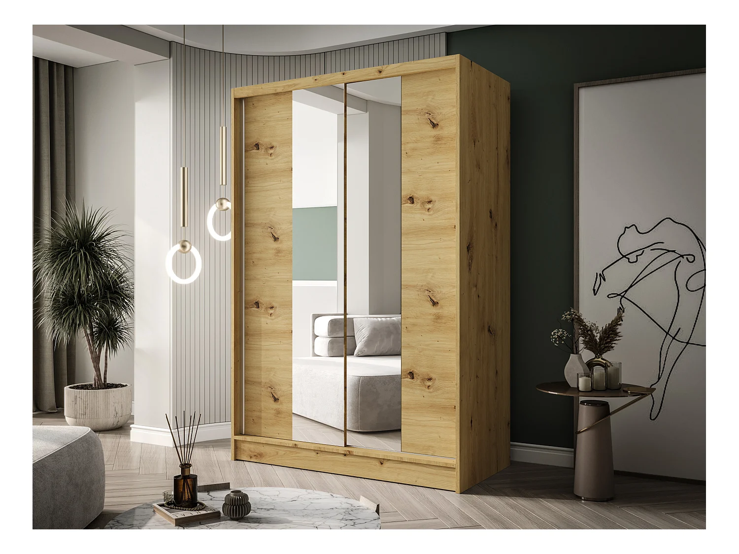 Zweitüriger Schiebeschrank mit Spiegel LAUSANNE L2, Regalböden und Kleiderstange (Artisan)