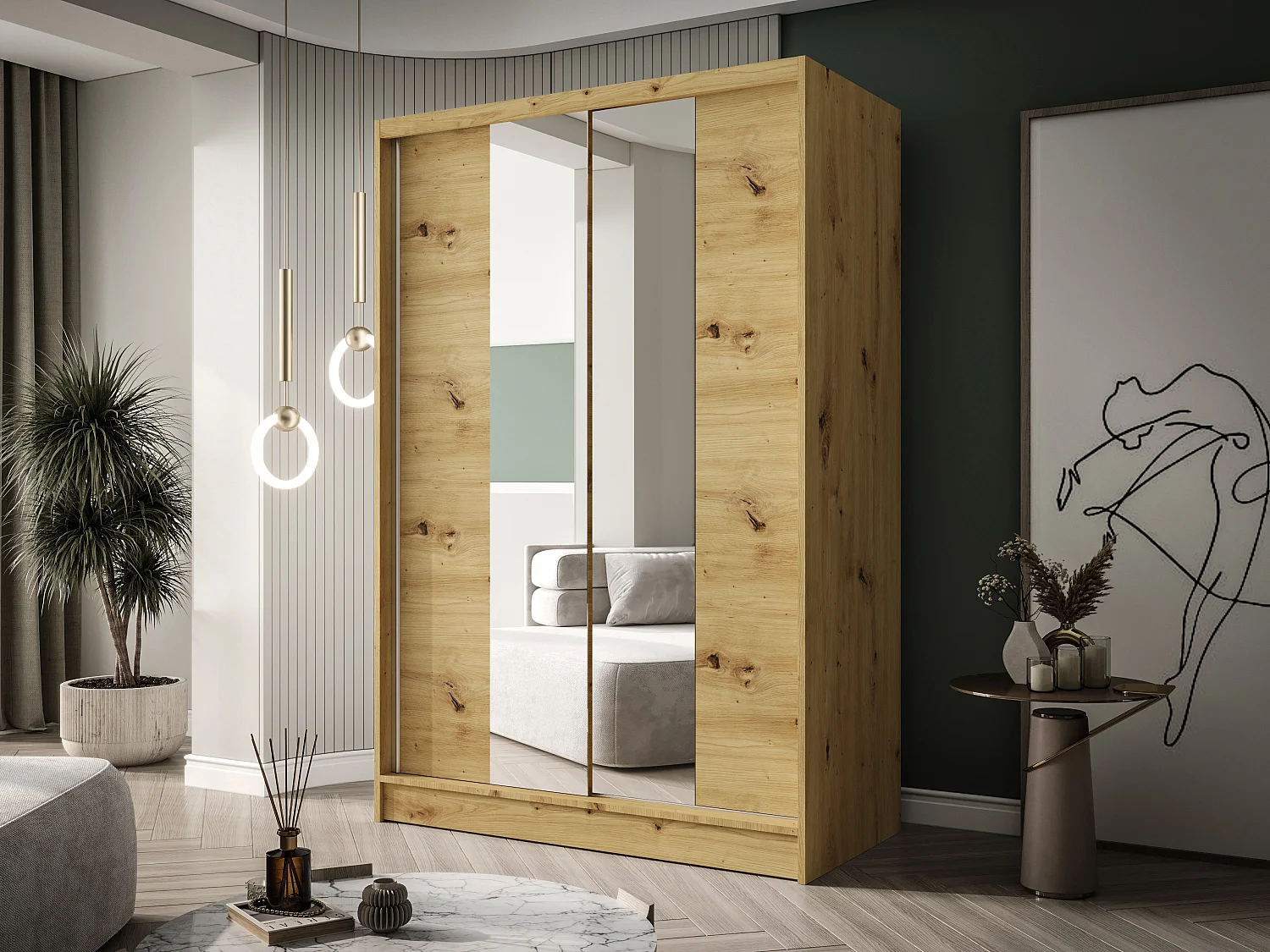 Zweitüriger Schiebeschrank mit Spiegel LAUSANNE L2, Regalböden und Kleiderstange (Artisan)