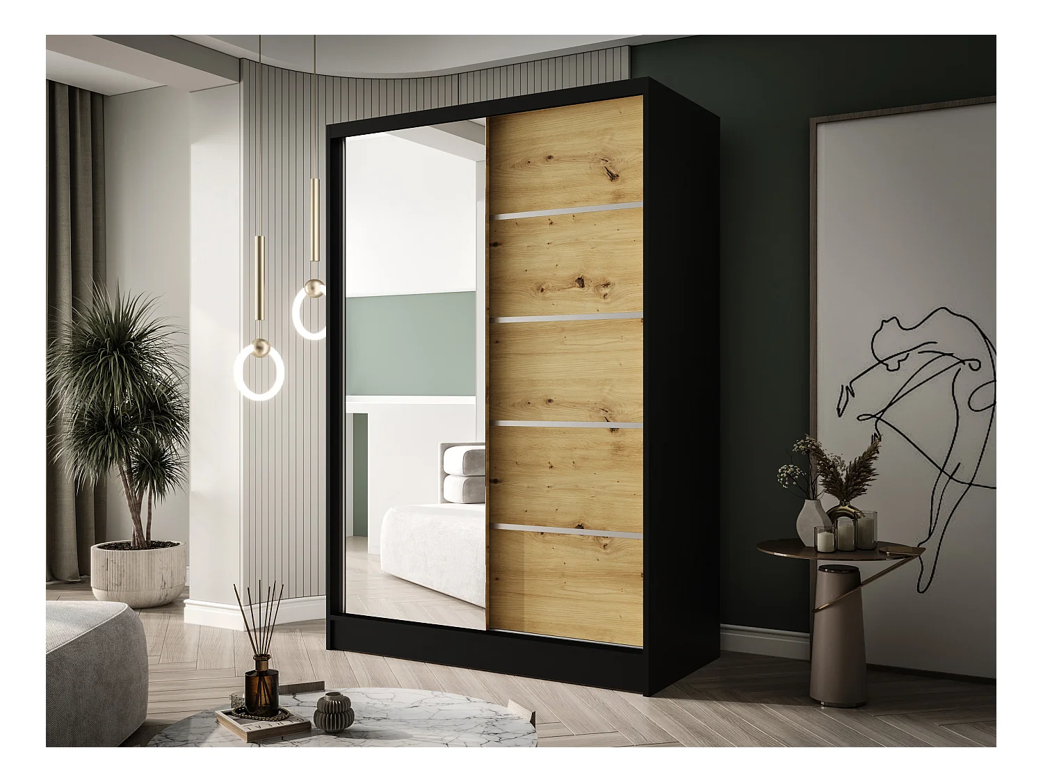 Zweitüriger Schiebeschrank mit Spiegel LAUSANNE L3, Regalböden und Kleiderstange (Schwarz/Artisan)