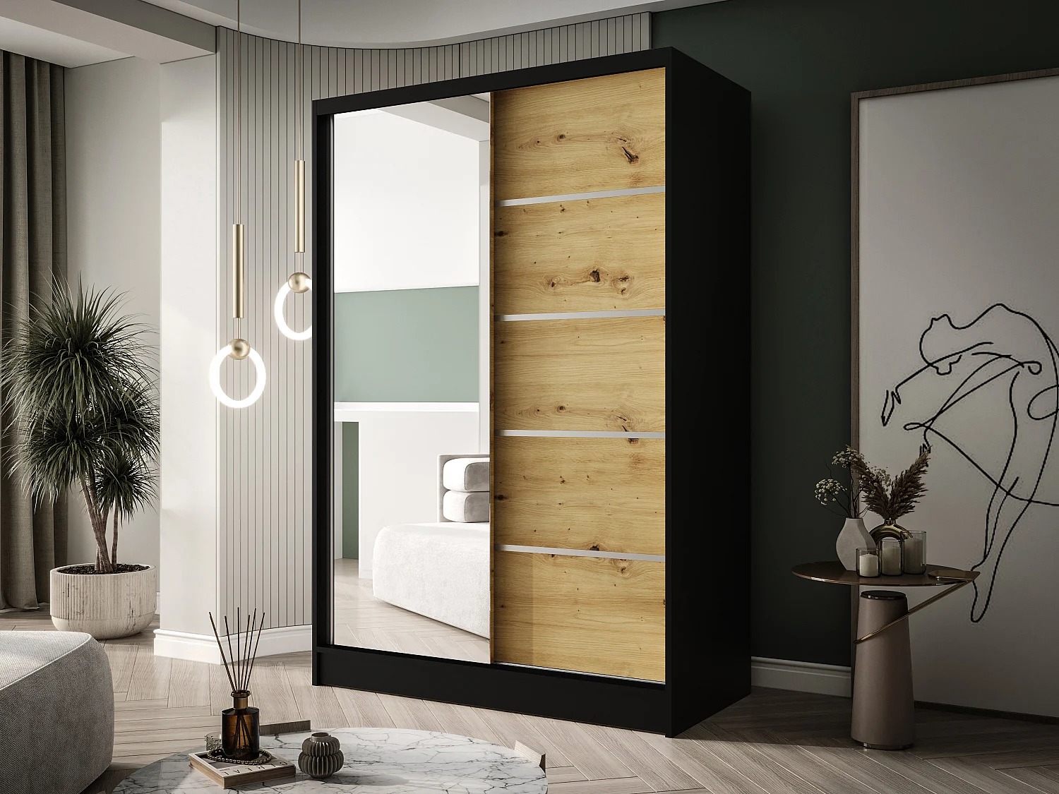 Zweitüriger Schiebeschrank mit Spiegel LAUSANNE L3, Regalböden und Kleiderstange (Schwarz/Artisan)