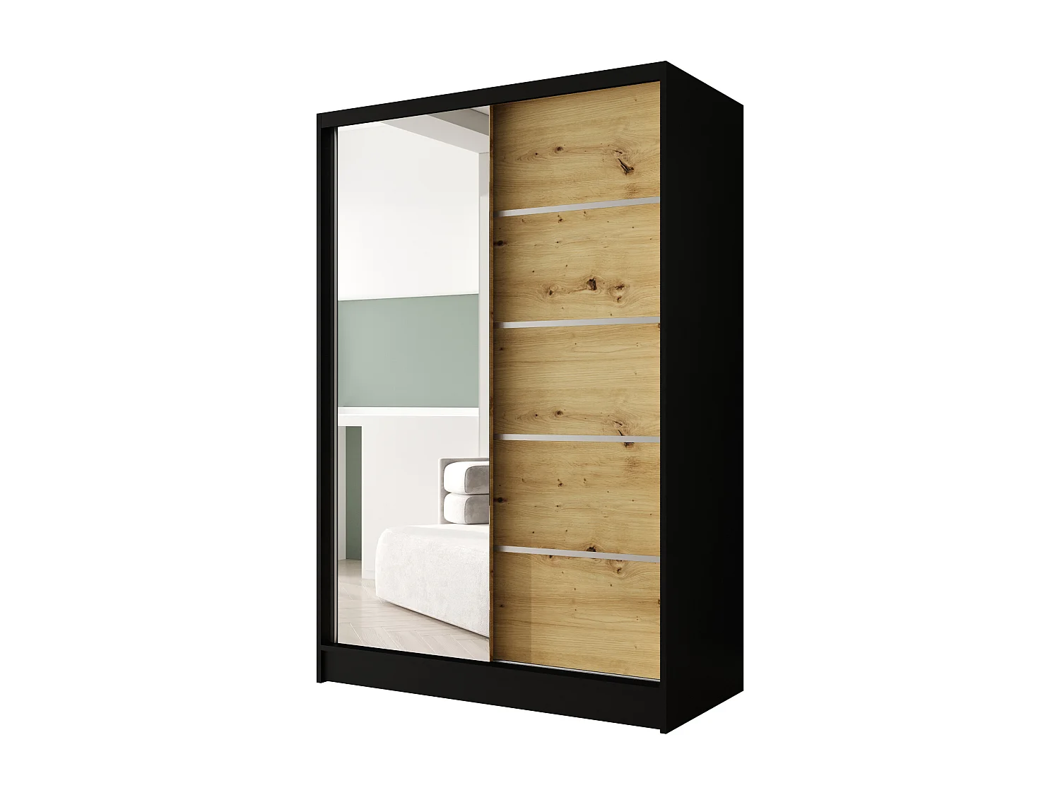 Zweitüriger Schiebeschrank mit Spiegel LAUSANNE L3, Regalböden und Kleiderstange (Schwarz/Artisan)