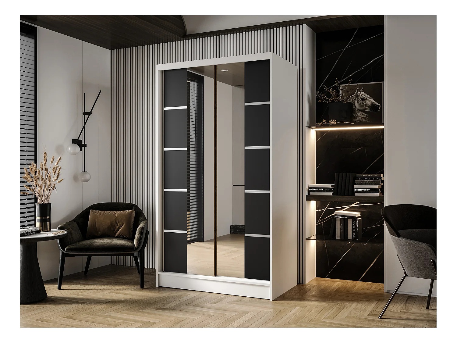 Zweitüriger Schiebeschrank mit Spiegel DETROIT D5, Regalböden und Kleiderstange (Weiß/Schwarz)