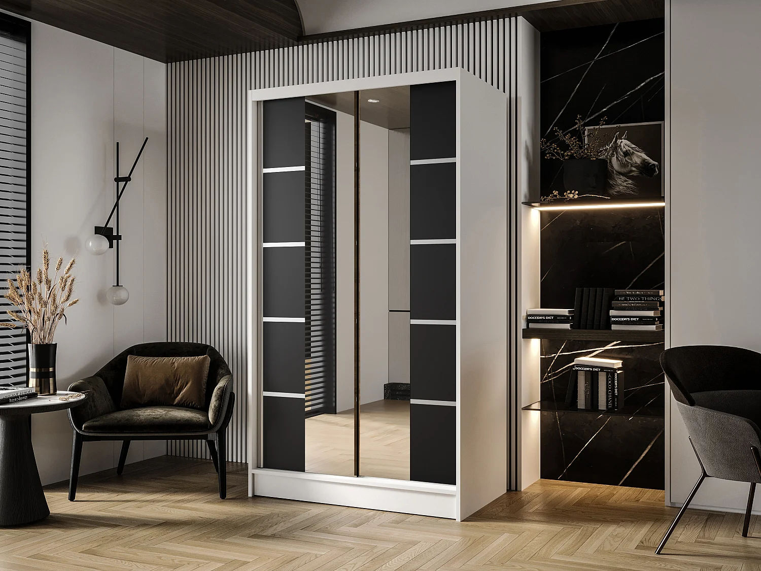 Zweitüriger Schiebeschrank mit Spiegel DETROIT D5, Regalböden und Kleiderstange (Weiß/Schwarz)