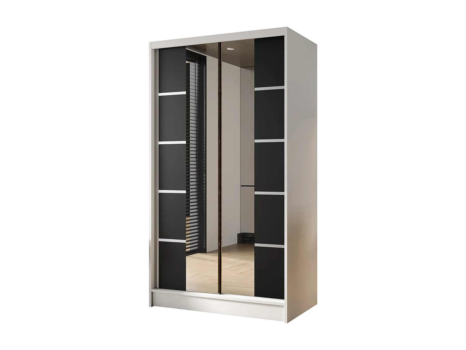 Zweitüriger Schiebeschrank mit Spiegel DETROIT D5, Regalböden und Kleiderstange (Weiß/Schwarz)