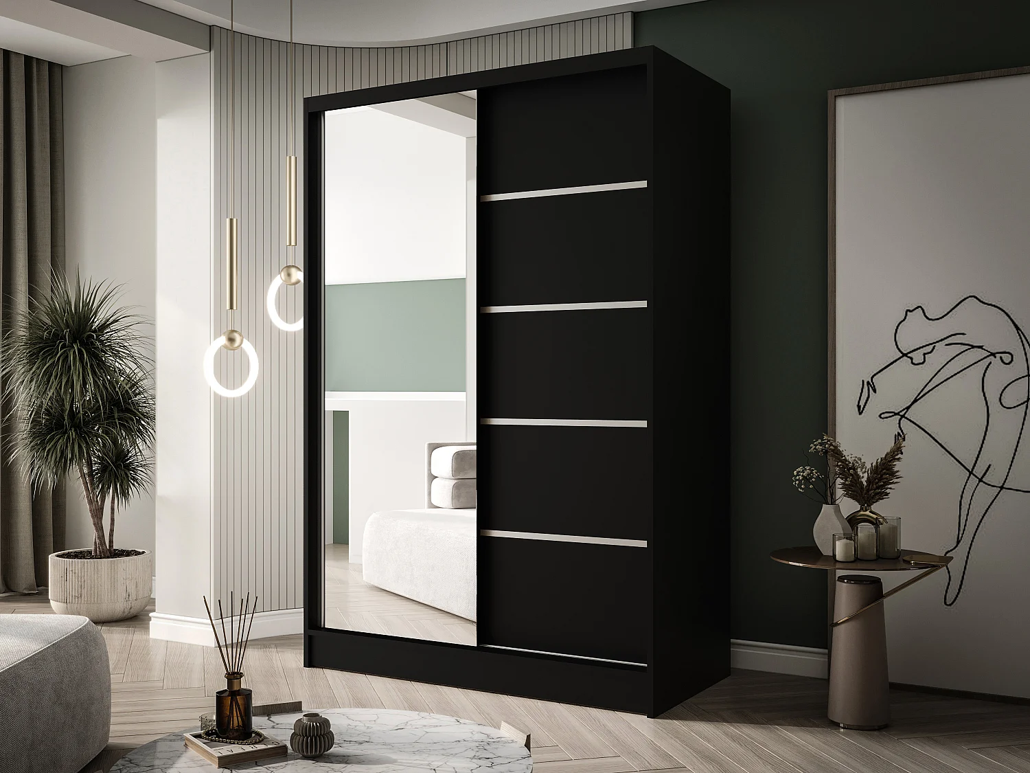 Zweitüriger Schiebeschrank mit Spiegel LAUSANNE L3, Regalböden und Kleiderstange (Schwarz)