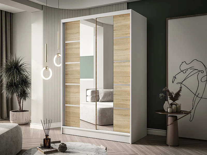 Zweitüriger Schiebeschrank mit Spiegel LAUSANNE L5, Regalböden und Kleiderstange (Weiß/Sonoma)