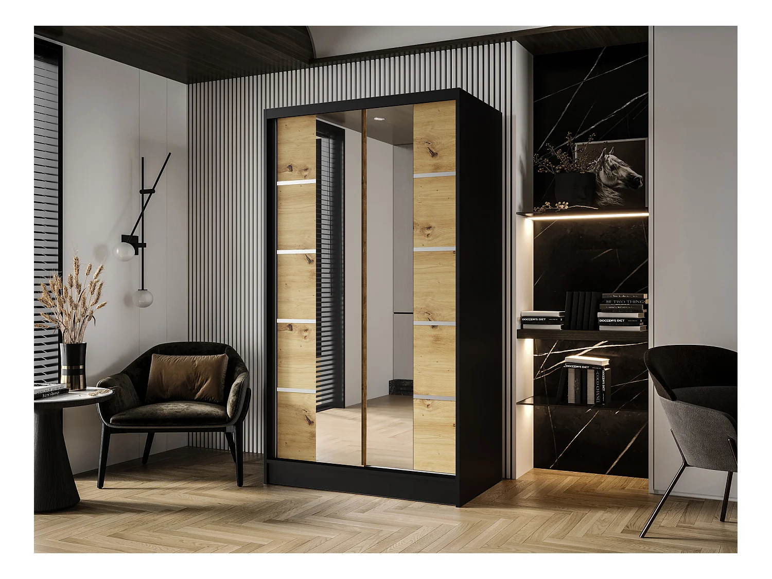 Zweitüriger Schiebeschrank mit Spiegel DETROIT D5, Regalböden und Kleiderstange (Schwarz/Artisan)