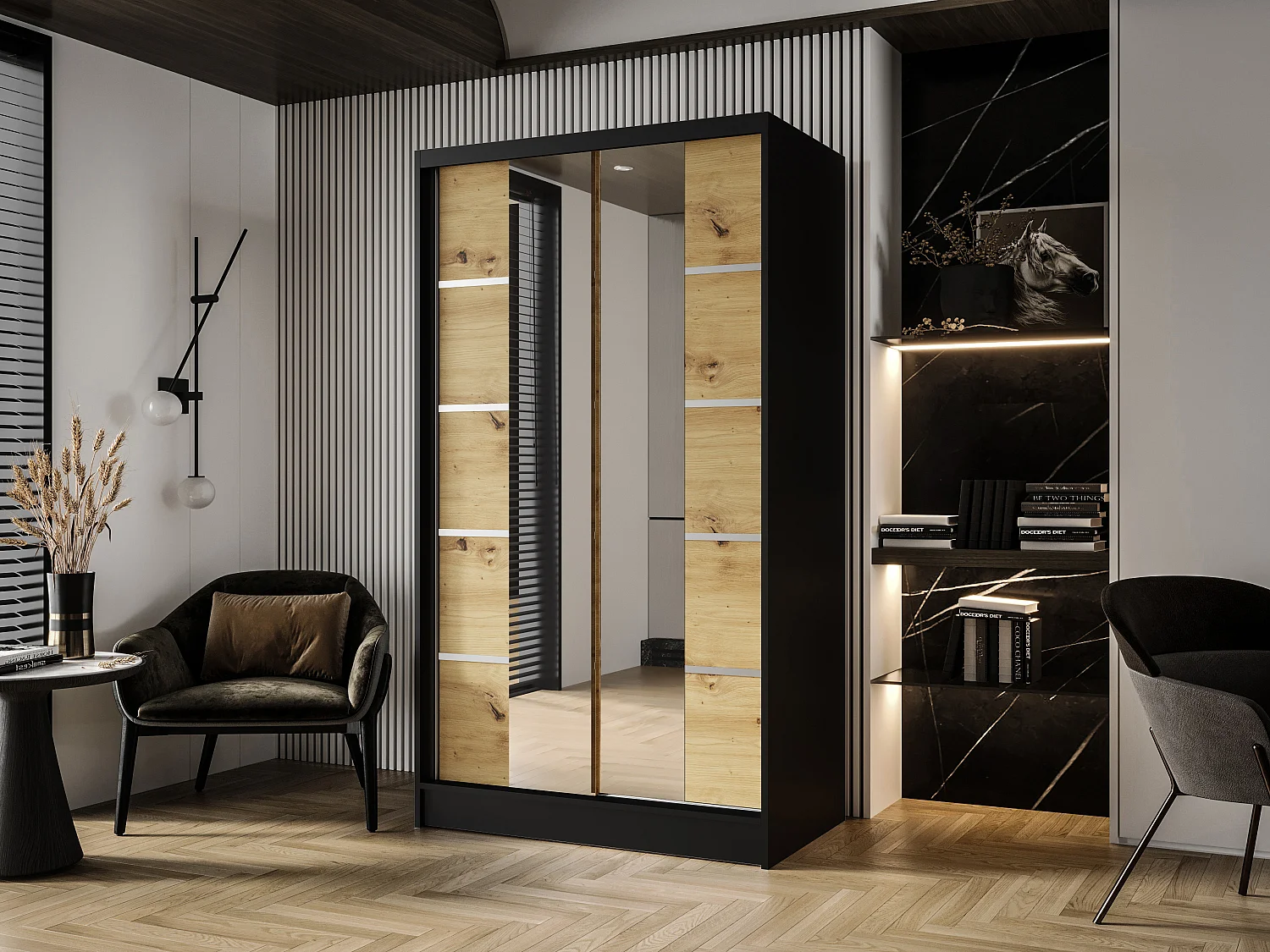 Zweitüriger Schiebeschrank mit Spiegel DETROIT D5, Regalböden und Kleiderstange (Schwarz/Artisan)