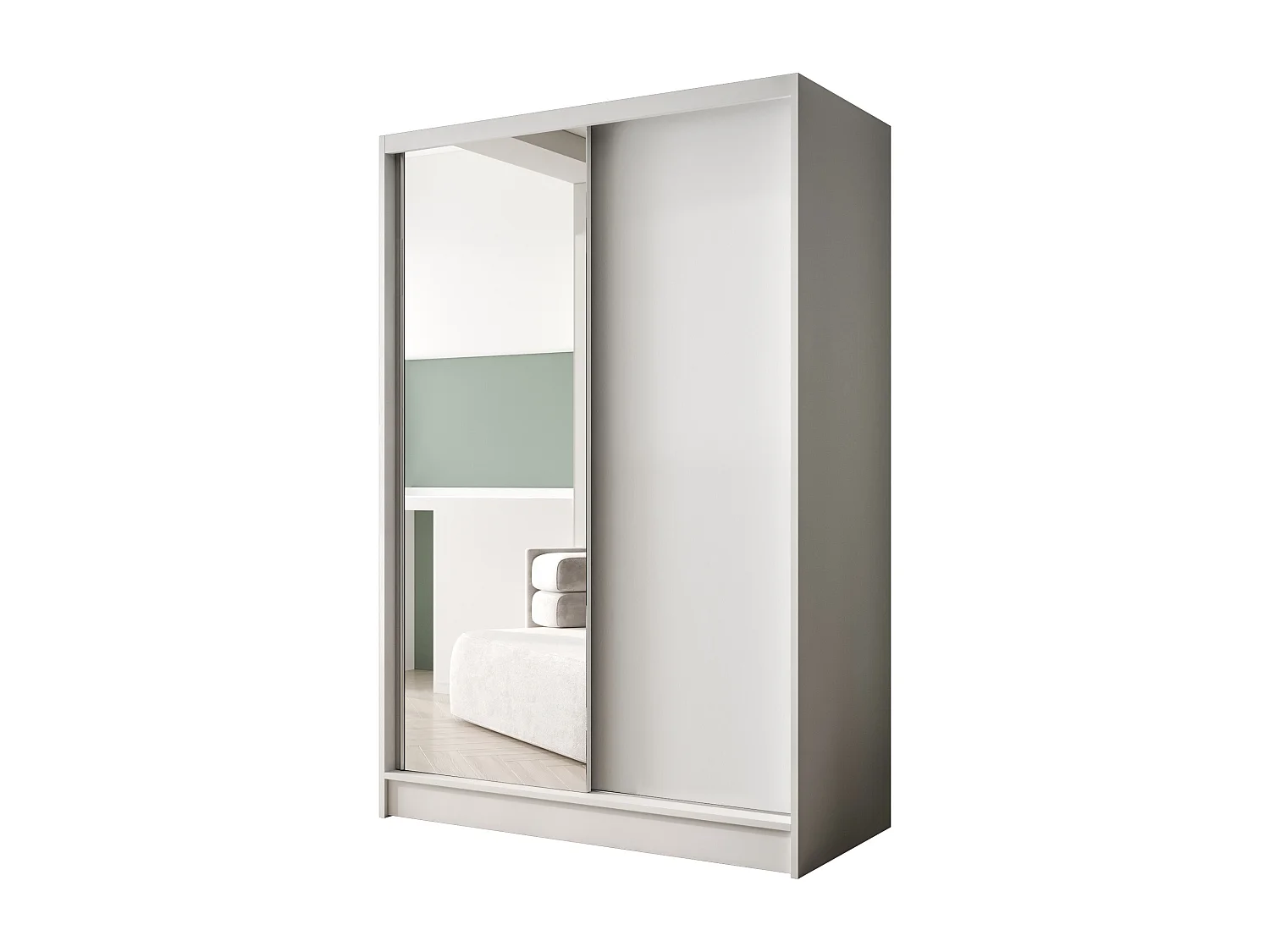 Zweitüriger Schiebeschrank mit Spiegel LAUSANNE L1, Regalböden und Kleiderstange (Weiß)