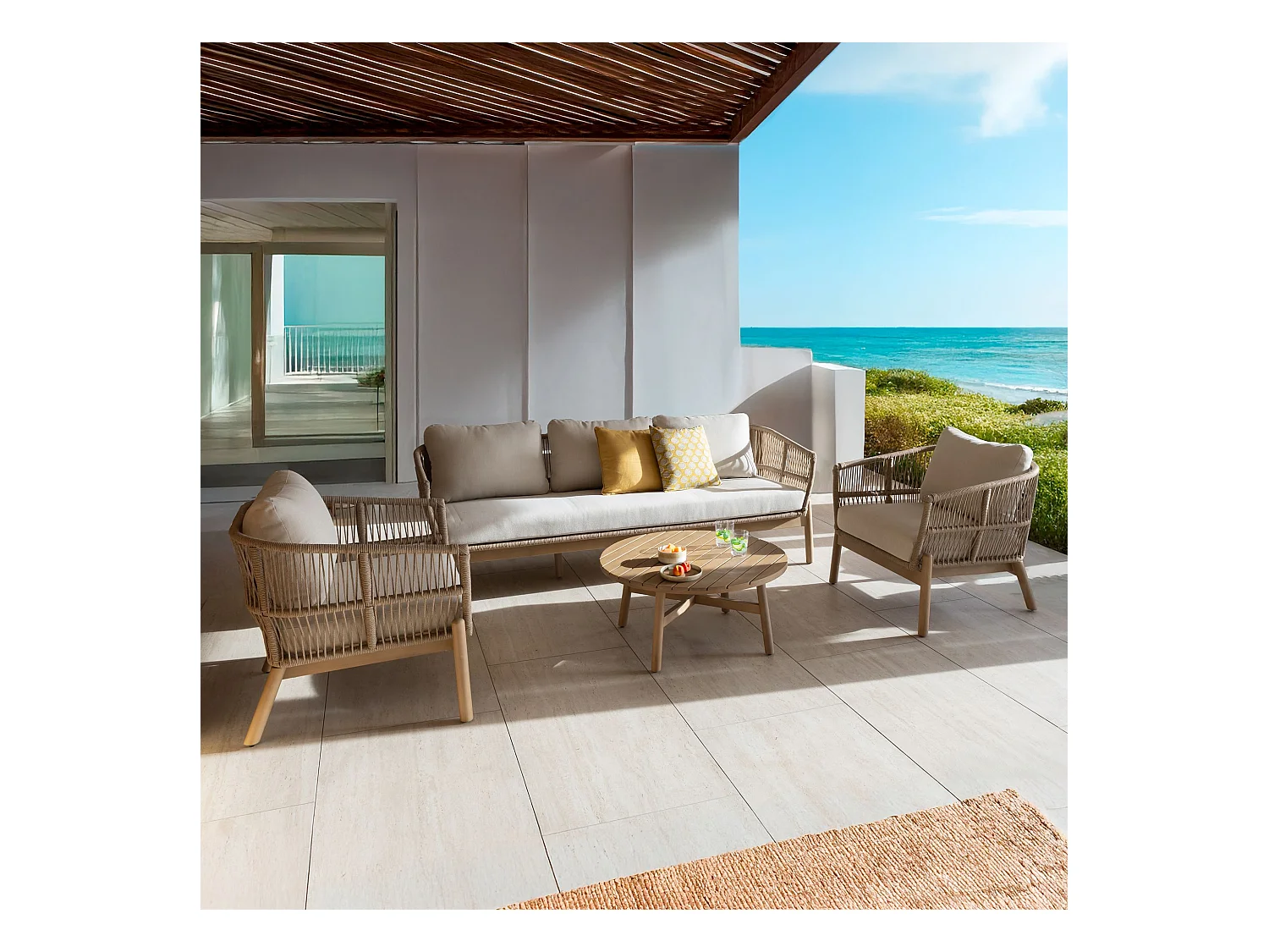 Now's Home - Salon De Jardin 5 Places En Bois D'acacia  Avec Coussin  Bahia
