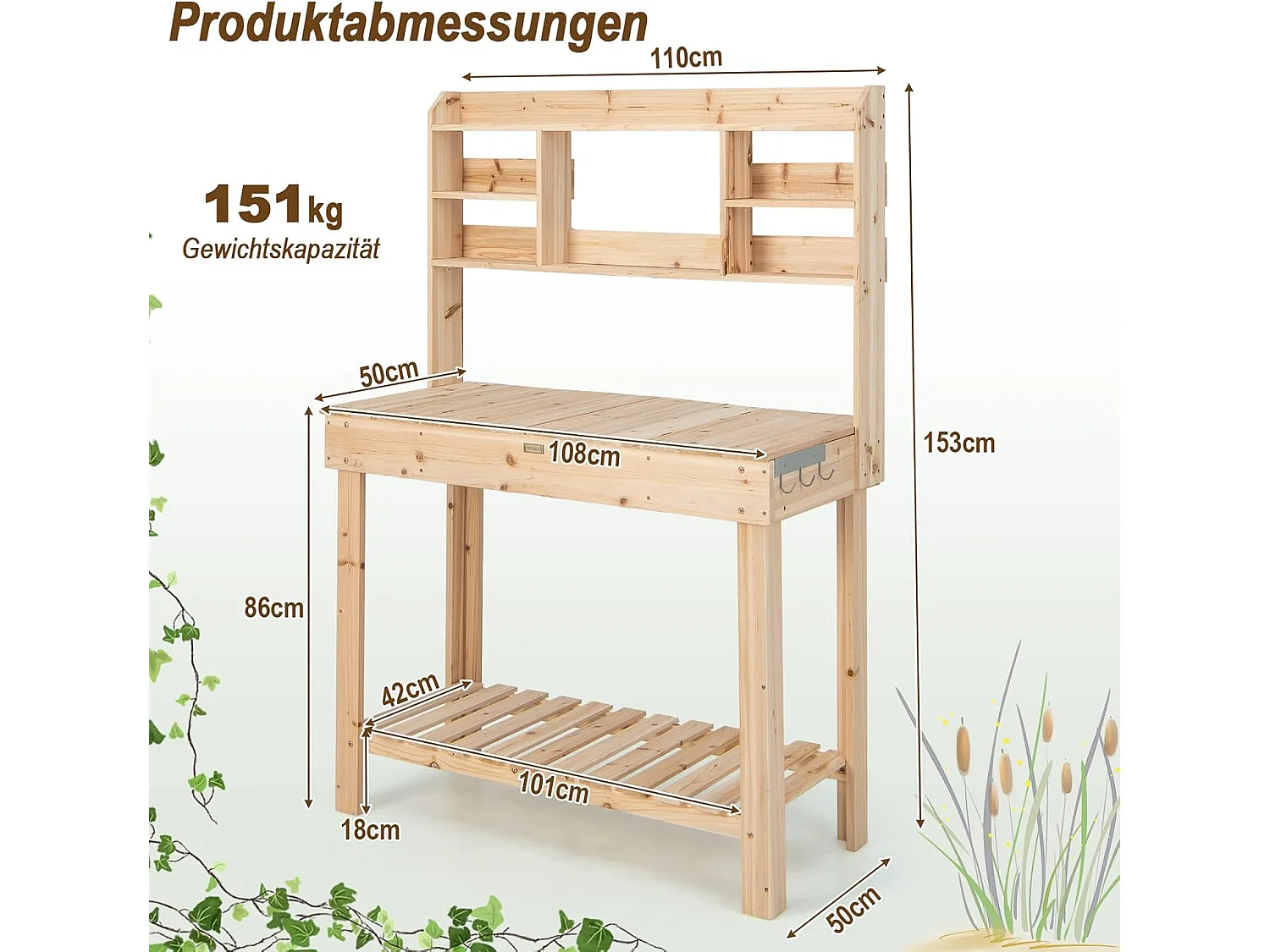 Houten plantentafel, tuiniertafel met schuiflade, bloementafel