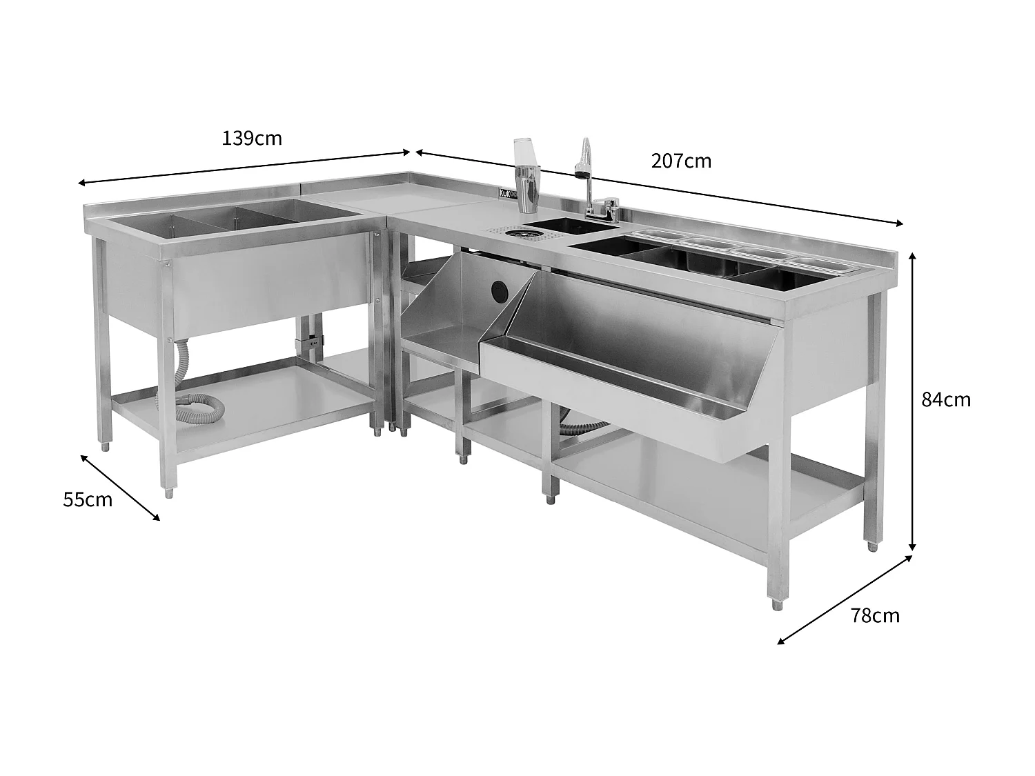 Deluxe Cocktail Bar Station met Ijsbak & Modulaire Hoekeenheid Roestvrij Staal