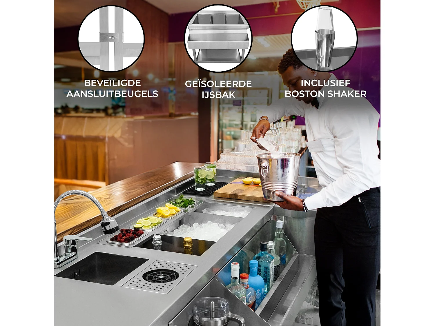 Deluxe Cocktail Bar Station met Ijsbak & Modulaire Hoekeenheid Roestvrij Staal