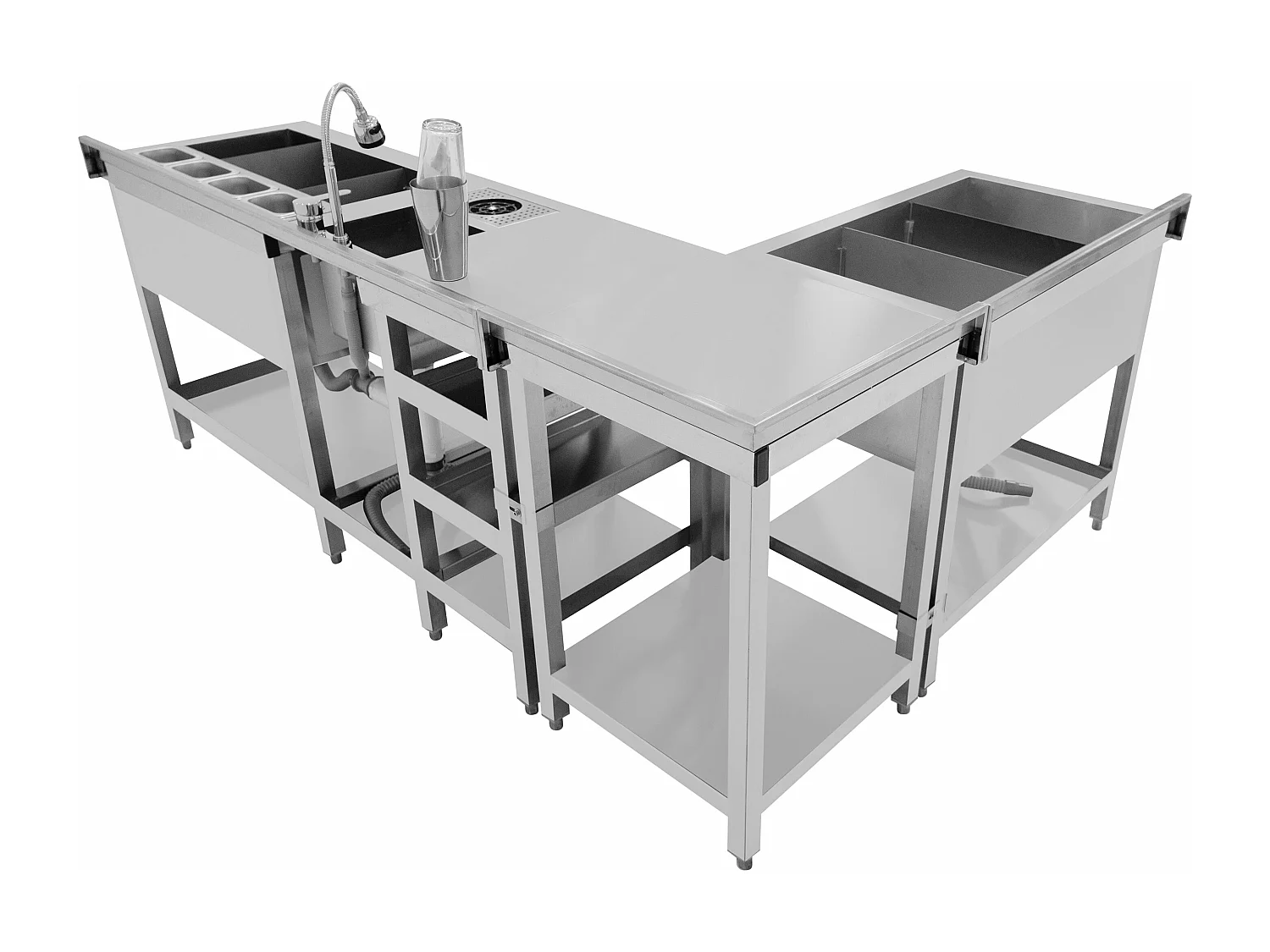 Deluxe Cocktail Bar Station met Ijsbak & Modulaire Hoekeenheid Roestvrij Staal