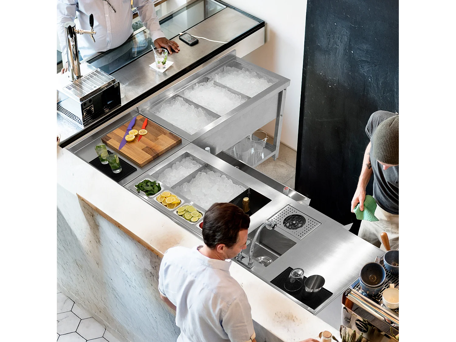 Deluxe Cocktail Bar Station met Ijsbak & Modulaire Hoekeenheid Roestvrij Staal