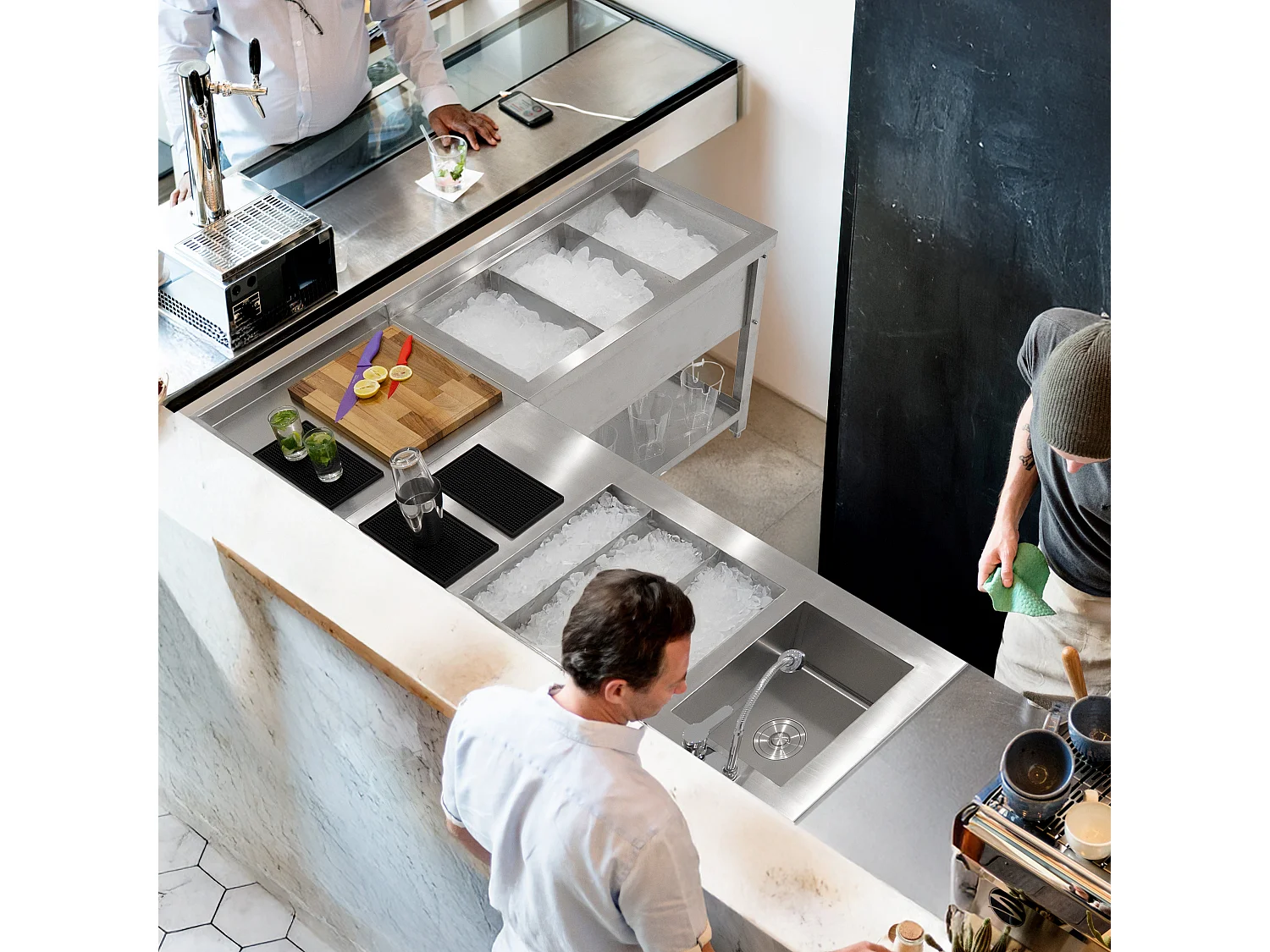 Modulaire Cocktail Bar Hoekopstelling Met Spatwand Roestvrij Staal 85 x 55 x 55cm